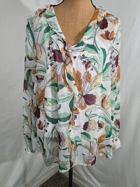 Liz Claiborne White Floral V-Neck Blouse with Green & Mustard Print